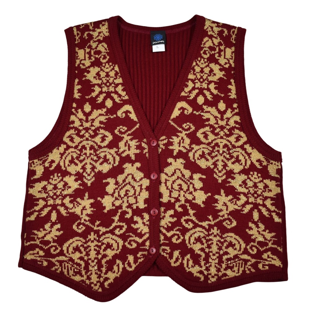 90s Damask Knit Sweater Vest L Women Burgundy Gold Metallic V-Neck Retro Vintage